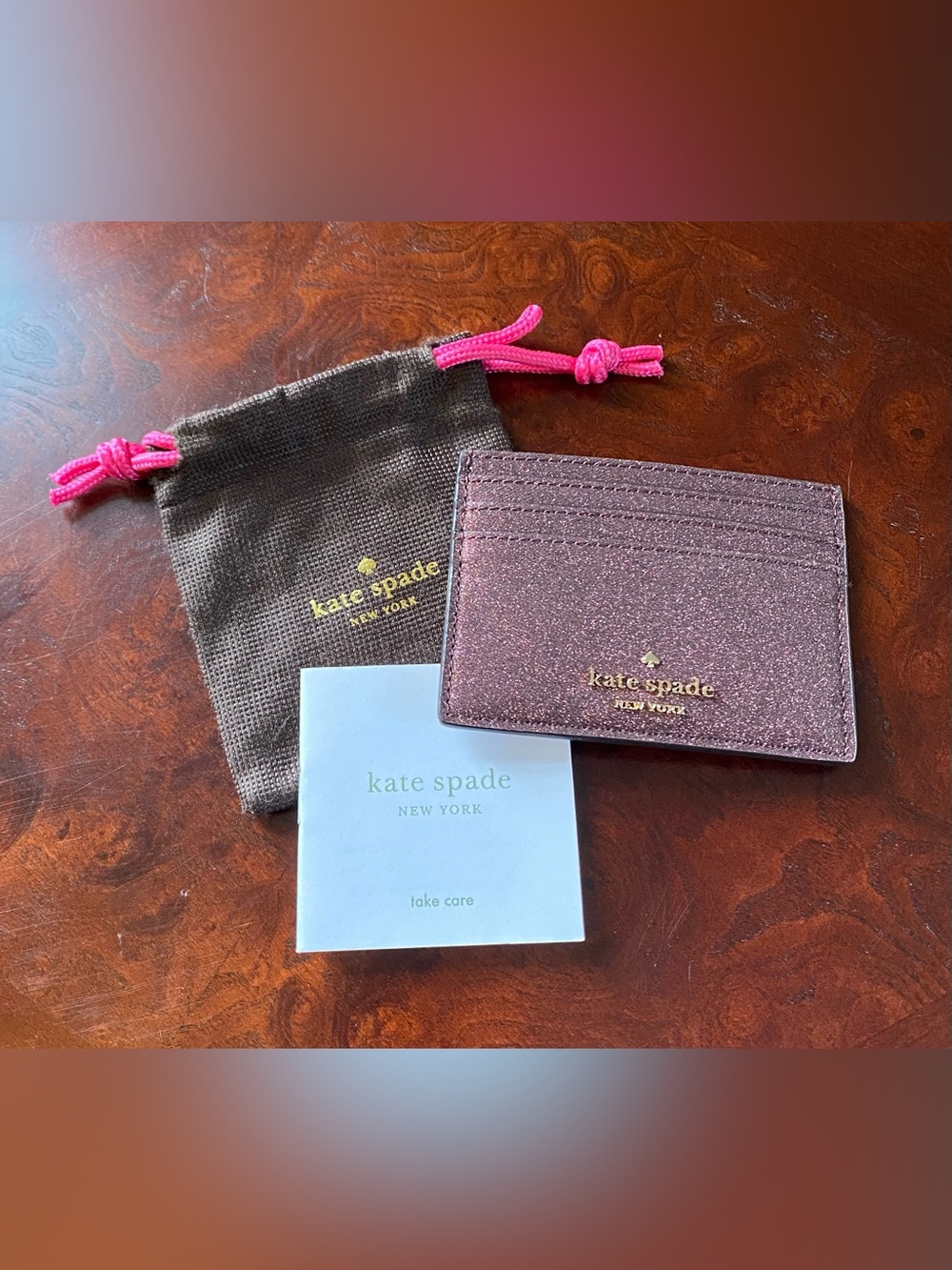 kate spade New York Pink Glitter Card Holder with Gold Logo - New Without Tags